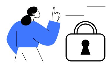 İşaret parmağıyla büyük bir güvenlik kilidini işaret eden kişi. Siber güvenlik, veri koruması, çevrimiçi gizlilik, güvenli işlemler, şifreleme, güvenlik protokolleri, dijital güvenlik için ideal. Çizgi