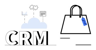 Bulutlu CRM metni, grafikler, bulmaca parçaları, takvim, mavi etiketli alışveriş çantasına bağlanıyor. Müşteri ilişkileri yönetimi, perakende, çevrimiçi alışveriş ve müşteri hizmetleri için ideal