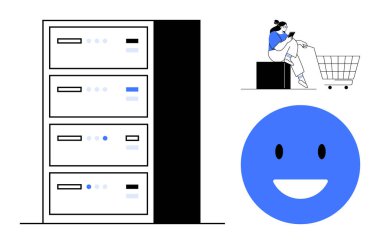Uzun servis rafı, seyyar ve alışveriş arabası olan biri, büyük mavi mutlu bir yüz. Teknoloji altyapısı, çevrimiçi alışveriş, müşteri deneyimi, veri yönetimi, dijital işlemler, kullanıcı