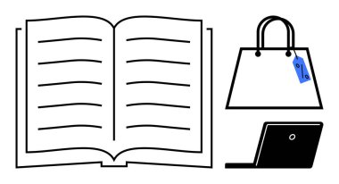 Metni temsil eden satırlar, fiyat etiketli alışveriş çantası ve dizüstü bilgisayarı olan açık bir kitap. Eğitim, e-öğrenme, çevrimiçi alışveriş, perakende satış, dijital okuma yazma hibrid iş bilgisi paylaşımı için ideal. Soyut