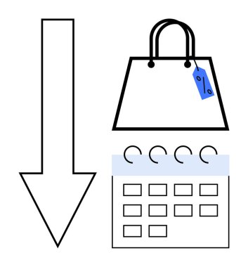 Mavi indirimli etiketli alışveriş çantası, bir takvim ve aşağı doğru ok. Pazarlama, indirimler, satış etkinlikleri, mevsimlik promosyonlar, e-ticaret stratejileri, tatil alışverişi finansal tasarrufları için ideal