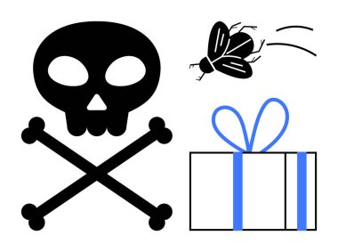 Kafatası ve çapraz kemikler hareket halinde, ve mavi kurdeleli bir hediye kutusu. Tehlike, sürpriz, dikkat, gizem, ölüm oranları ve öngörülemezlik konuları için idealdir. Satır metaforu