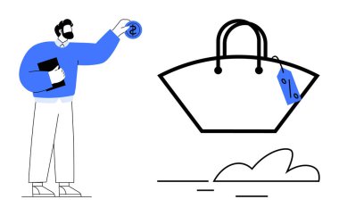 Fiyat etiketli büyük el çantasına uzanırken sakallı bir adam para ve kitap tutuyor. Alışveriş, finans, perakende, çevrimiçi alım, tüketici davranışı, e-ticaret, harcama alışkanlıkları için ideal