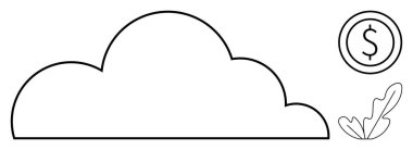 Ortasında bulut, sağında dolar işareti olan bozuk para, altında yaprak. Teknoloji endüstrisi için ideal, finansal büyüme, dijital ekonomi, sürdürülebilirlik, veri depolama, çevrimiçi işlemler modern teknoloji eğilimleri