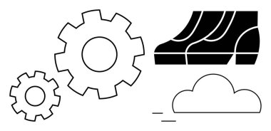 Geniş ve küçük vitesler, hareket eden botlar ve mekanik, ilerleme ve verimliliğin tüm vurgulandığı temaları gösteren bir bulut. Takım çalışması, yenilik, verimlilik ve işbirliği için ideal