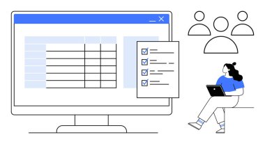 Dizüstü bilgisayarlı bir kadın, veri gösteren büyük bir bilgisayar ekranı, liste örtüşmesi, üç tane sadeleştirilmiş insan simgesi. Takım işbirliği, proje yönetimi, veri analizi, ofis verimliliği için ideal