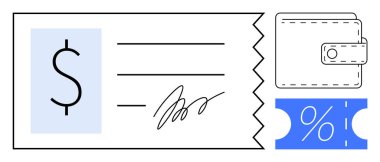 Dolar işareti ve imzalı ödeme çeki, cüzdan ikonu ve yüzde indirimli kupon. Finans, ödemeler, işlemler, tasarruflar, indirimli bankacılık bütçe kavramları için ideal. Soyut