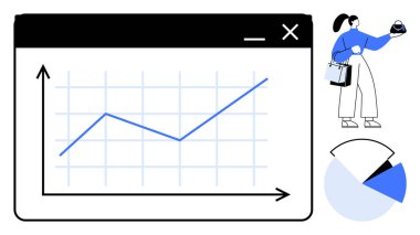 Pencerede yükselen grafikler, çantalı iş kadını, pasta grafiği bölümleri, işaretli oklar. İş analizi, büyüme, sunum, veri görselleştirme, strateji istatistikleri için ideal