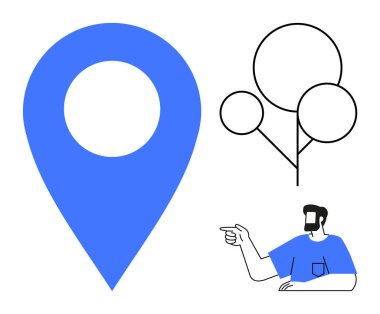 Minimalist bir ağacın yanındaki mavi lokasyon iğnesini işaret eden kişi. Navigasyon, rehberlik, seyahat, yön bulma, çevre, keşif ve güzergah planlaması için ideal. Temiz modern tasarım