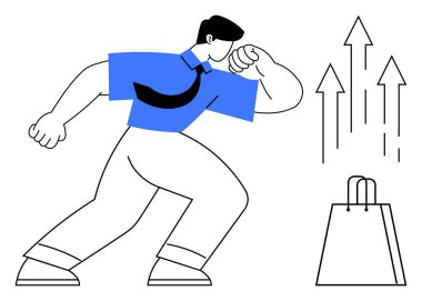 Mavi gömlekli kendine güvenen işadamı, yukarı bakan oklar ve alışveriş çantasının yanında duruyor. Ekonomik büyüme, ilerleme, başarı, perakende, iş geliştirme, başarı, pazarlama için ideal