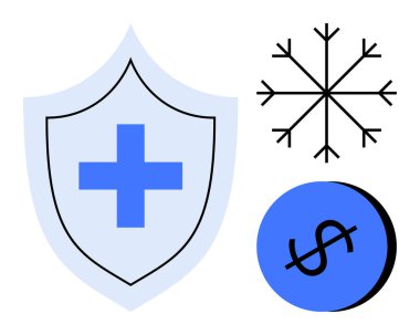Mavi tıbbi haçlı kalkan, kar tanesi, dolar işareti olan mavi daire. Sağlık koruma, kışa hazırlık, mali güvenlik, sigorta, tıbbi yardım, maliyet tasarrufu ekonomisi için ideal