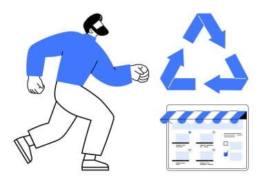 Adam enerjik bir şekilde bir e-ticaret mağazası arayüzüne doğru koşuyor, mavi geri dönüşüm okları sürdürülebilirliği simgeliyor. Çevre dostu iş, e-ticaret, sürdürülebilirlik ve verimlilik için ideal
