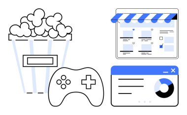 Patlamış mısır kovası, oyun kumandası, çevrimiçi mağaza önü ve veri analiz çizelgesi. Eğlence, oyun, e-ticaret, dijital pazarlama, veri analizi çevrimiçi alışveriş ve modern yaşam tarzı için ideal