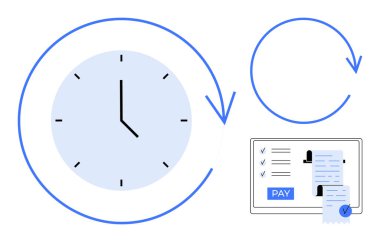 Zaman akışını gösteren okları olan saat, faturalı dijital ekran, ve ödeme düğmesine basılı ödeme çevrimiçi ödeme, otomasyon, verimlilik ve işlem. Fintech, verimlilik ve dijital için ideal