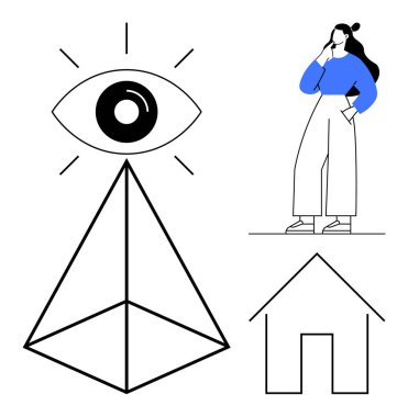 Piramidin üzerindeki göz, düşünceli kadın, tasarım, yaratıcılık, yansıma, vizyon, mimari, ev ve tefekkür konuları için ideal ev çizgisi. Mavi aksanlı tek renkli elementler soyut