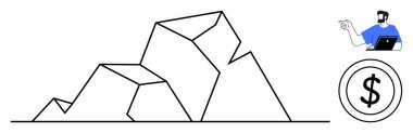 Geometrik dağ çizgisi zorlukları temsil ediyor, dizüstü bilgisayarı yukarı bakan mavi gömlekli adam, maddi hedefleri gösteren dolar para sembolü. İş stratejisi ve mali büyüme için ideal