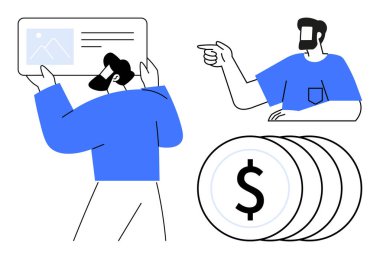 Bir adam bir sunum tahtası tutuyor, diğeri ona bakıyor, bir dolar işareti olan bir yığın bozuk para. İş dünyası, sunumlar, finans, işbirliği, anlaşma, takım çalışması ve dijital için ideal