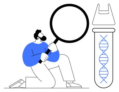 Büyüteçle diz çöküp DNA ipliğini büyük bir test tüpünde inceleyen biri. Araştırma, genetik, keşif, bilim, biyoteknoloji, eğitim yenilik temaları için idealdir. Basit tasarım mavisi