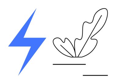 Soyut bitki yaprağı çizgisi sanatının yanında mavi yıldırım. Enerji, büyüme, doğa, sürdürülebilirlik, eko-dostluk, yenilik, kontrast için idealdir. Soyut çizgi düz metafor