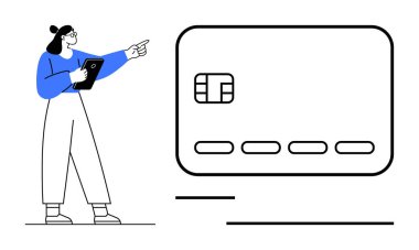 Kadının elinde tablet, büyük boy kredi kartında jestler dijital işlemleri, finans ve teknolojiyi ön plana çıkarıyor. Bankacılık, finans, ödeme yöntemleri, dijital güvenlik finans eğitimi için ideal