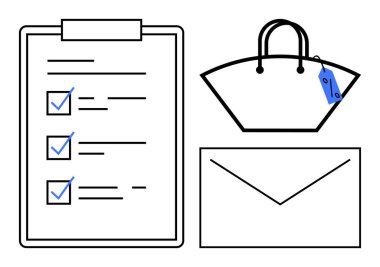Panoda işaretli eşyalar, fiyat etiketli alışveriş çantası ve zarf olan kontrol listesi. Üretkenlik, planlama, alışveriş, iletişim, organizasyon, iş perakende düz çizgi için ideal