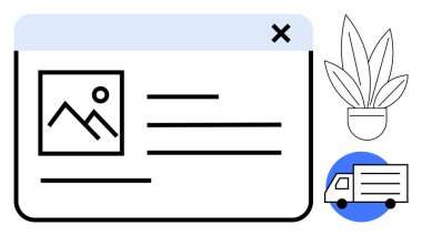 Organize web sayfası tasarımı bir saksı bitkisinin yanında resim, metin ve teslimat kamyonu sergiliyor. E-ticaret, dağıtım hizmetleri, web sitesi düzeni, ürün listeleri, alışveriş, lojistik doğa için ideal