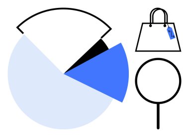 Dört farklı renkte turta şeması, fiyat etiketli alışveriş torbası ve büyüteç. İş analizi, perakende analizi, piyasa araştırması, satış raporları, tüketici davranışı için ideal