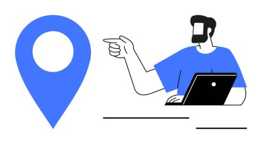 Dizüstü bilgisayarlı adam mavi konum işaretleyicisinde, navigasyon ve konum belirleme vurguluyor. Yön temaları, seyahat, dijital haritalama, çevrimiçi hizmetler, keşif, coğrafi etiketleme, soyut çizgi için ideal