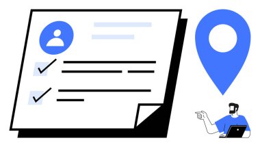 Kullanıcı simgesi ve işaretli profil kontrol listesi, büyük mavi konum iğnesi, dizüstü bilgisayarı olan kişi. Çevrimiçi profiller, görev yönetimi, konum hizmetleri, uzaktan çalışma, dijital kimlik için ideal