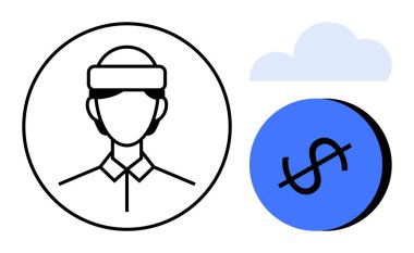 Başlık, bulut simgesi ve dolar işaretli bozuk parayla daire şeklinde çalışan bir işçi. İşletme, finans, ekonomi, bulut hesaplama, iş gücü teknolojisi entegrasyonu için idealdir. Soyut satır düzlüğü