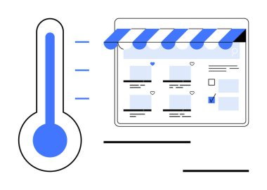 Termometre, online alışveriş vitrinini etkileyen sıcaklık değişimlerini gösteriyor. E-ticaret, hava durumu, müşteri davranışları, mevsimsel eğilimler, veri analizi, dijital pazarlama için ideal