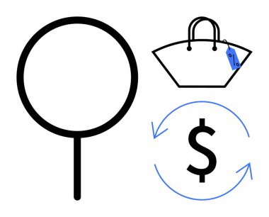 Büyüteç aramayı temsil ediyor, fiyat etiketli alışveriş torbası ürün seçimini işaret ediyor, oklu dolar işareti ödemeyi veya alışverişi işaret ediyor. E-ticaret, perakende, alışveriş, internet için ideal