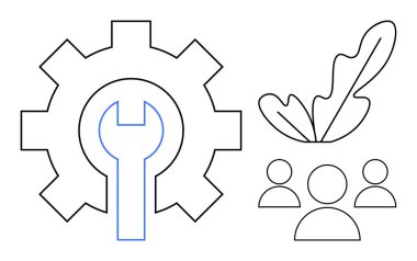 Vites ve anahtar birleştirildi, yaprak ve bir grup insan. Takım çalışması, yenilik, sürdürülebilirlik, işbirliği, mühendislik ortamı ve toplum için ideal. Soyut çizgi düz metafor