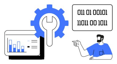 Grafikli bilgisayar ekranı, ingiliz anahtarı olan büyük teçhizat, ikili kodu gösteren adam. Veri analizi, teknoloji çözümleri, bilişim desteği, kod ayıklama, teknik destek, programlama yazılımı için ideal