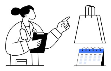 Bir alışveriş çantası ve takvime bakan panosu olan bir tıp uzmanı. Sağlık, e-ticaret, randevu programı, çevrimiçi alışveriş, tıbbi malzemeler, zaman yönetimi için ideal