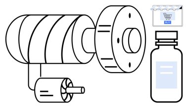 Bir ilaç şişesi ve bir alışveriş arabası ikonu ile birlikte motor ve bobin gibi mekanik parçaların teknik çizimi. Mühendislik, sağlık, e-ticaret, imalat ve teknoloji için ideal