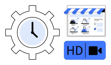 Verimliliği simgeleyen saat, ürün listeli e-ticaret sitesi ve HD video kamera ikonu. İş için ideal, e-ticaret, üretkenlik, zamanlama, teknoloji, çevrimiçi alışveriş dijital