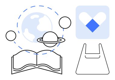 Soyut küre ve gezegenlerin olduğu açık bir kitap, bir meydanda mavi kalp ve bir alışveriş çantası. Eğitim, bilgi, astronomi, sağlık, alışveriş sürdürülebilirliği yaratıcı düşünce için idealdir. Soyut