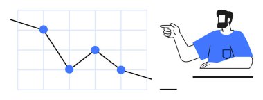 Mavi tişörtlü bir işadamı, çizgilerindeki mavi veri noktalarını gösteren bir grafiğe bakıyor. İş performansı, veri analizi, pazar eğilimleri, mali değerlendirme ve karar verme için ideal