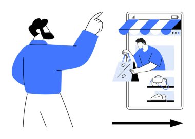 Akıllı telefon ekranındaki erkek figürleri, alışveriş uygulamasını ambalajlı çantalar ve ayakkabılarla gösteriyor. E-ticaret, teknoloji, çevrimiçi alışveriş, mobil uygulamalar, perakende satış, dijital pazarlama için ideal