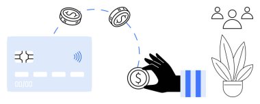 El, dijital işlemleri, insan simgelerini ve bitkilerini gösteren parasız kartlara doğru hareket eder. Finans, dijital işlemler, temassız ödemeler, takım çalışması, modern bankacılık için ideal