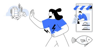 Midesi ağrıyan bir kadın marketten kaçıyor ve glüten içeren gıdalar ekmek ve peyniri onaylıyor. Sağlık, beslenme kısıtlamaları, e-ticaret, gıda hoşgörüsüzlüğü, farkındalık, online alışveriş için ideal