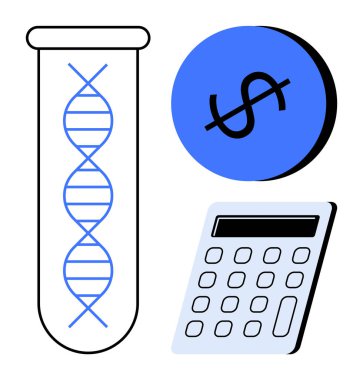 Mavi çember üzerindeki DNA, hesap makinesi ve dolar işareti bilim, finans ve teknolojinin entegrasyonunu temsil eder. Biyoteknoloji, finansal büyüme, yenilik ve teknoloji entegrasyonu için ideal