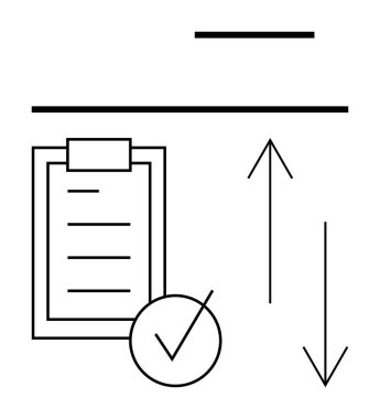 Kontrol listesi olan minimalist tasarım, kene işareti, yatay çizgiler ve yukarıdan aşağıya oklar. Üretkenlik, görev yönetimi, iş akışı, karar verme, organizasyon ilerleme takibi için ideal soyut