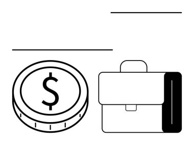 Bir evrak çantasının yanında dolar işareti olan madeni para, finans, iş, tasarruf, yatırım, profesyonel büyüme, refah yönetimi ve ekonomik planlama taşır. Para için ideal, kariyer için soyut bir çizgi