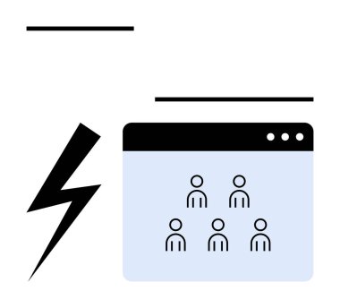 Kullanıcı simgelerini gösteren bir tarayıcı penceresinin yanında yıldırım çarpması takım çalışması, yenilik ve teknoloji. Uzak çalışma, dijital bağlantı, beyin fırtınası, platformlar, ağ oluşturma, enerji için ideal