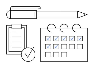 İşaretli listeli kalem, pano ve takvim verimliliği, planlamayı ve görev yönetimini temsil ediyor. Zaman yönetimi, zamanlaması, verimliliği, amaçları takım çalışması için ideal