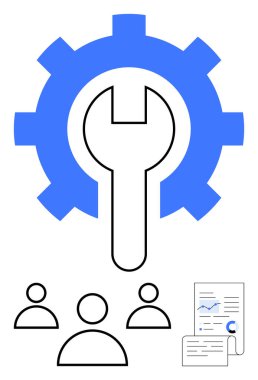 İngiliz anahtarlı dişli, araçları ve bakımı sembolize ediyor. Takım simgeleri ve belgeler de dahil. Takım çalışması, mühendislik, proje yönetimi, teknik çözümler, üretkenlik, yenilik, soyut