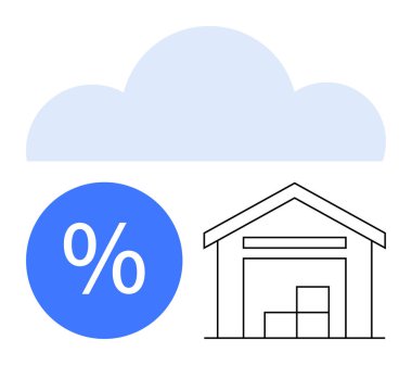 Mavi dairenin içinde yüzdelik bir sembolün yanında kutu yığınları olan bir deponun üstünde bulut var. Dijital depolama, envanter yönetimi, bulut hizmetleri, lojistik, maliyet tasarrufu, teknoloji için ideal