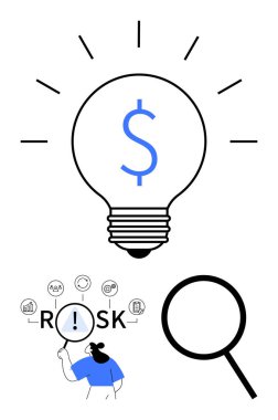 Dolar işaretiyle parlayan ampul, büyüteç ve risk analizi konsepti simgeleri. Finans, yenilik, sorun çözme, strateji, karar verme, risk yönetimi ve soyut çizgi için ideal